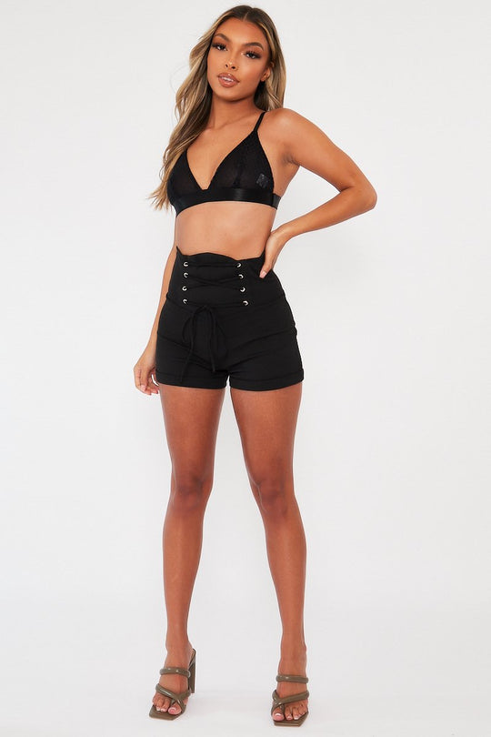 Black Lace Up High Waisted Tailored Shorts - Darcia