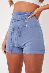 Blue Lace Up High Waisted Tailored Shorts - Darcia