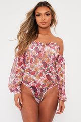 White Floral Bardot Off The Shoulder Mesh Bodysuit - Hayle