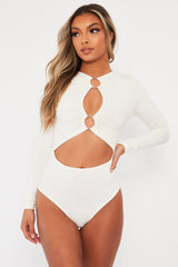 White Ring Detail Cut Out Long Sleeve Bodysuit - Elissa