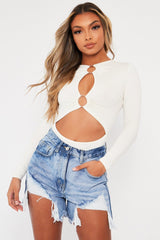 White Ring Detail Cut Out Long Sleeve Bodysuit - Elissa