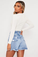 White Ring Detail Cut Out Long Sleeve Bodysuit - Elissa