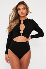 Black Ring Detail Cut Out Long Sleeve Bodysuit - Elissa