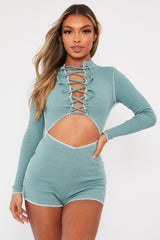 Sage Lace Up Cut Out Contrast Stitch Ribbed Playsuit - Drina