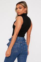 Black High Neck Lace Up Detail Sleeveless Crop Top - Jeniya