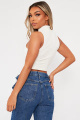 White High Neck Lace Up Detail Sleeveless Crop Top - Jeniya