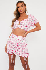 Pink Floral Print Crop Top + Frill Skirt Set - Abryana