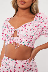 Pink Floral Print Crop Top + Frill Skirt Set - Abryana