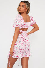 Pink Floral Print Crop Top + Frill Skirt Set - Abryana