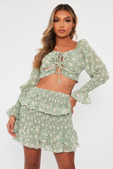 Mint Floral Print Lace Up Crop Top + Shirred Skirt Set - Adelei