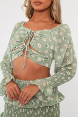 Mint Floral Print Lace Up Crop Top + Shirred Skirt Set - Adelei