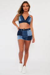 Blue Patchwork Denim Shorts - Ivana