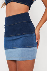 Blue Contrast Panel Denim Skirt - Kodie