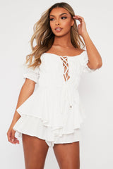 White Tie Front Frill Detail Bardot Playsuit - Cera