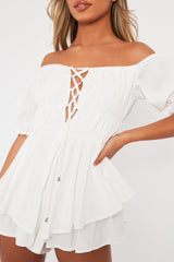 White Tie Front Frill Detail Bardot Playsuit - Cera