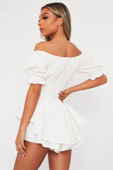 White Tie Front Frill Detail Bardot Playsuit - Cera