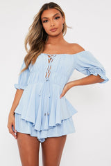 Blue Tie Front Frill Detail Bardot Playsuit - Cera