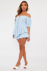 Blue Tie Front Frill Detail Bardot Playsuit - Cera