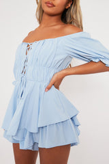 Blue Tie Front Frill Detail Bardot Playsuit - Cera