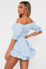 Blue Tie Front Frill Detail Bardot Playsuit - Cera