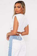 White Hem Tie Shoulder Pad Crop Top - Riya