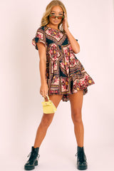 Multi Scarf Print Tiered Smock Dress - Natilea