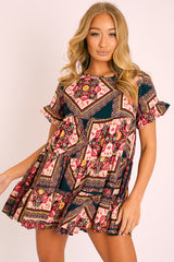Multi Scarf Print Tiered Smock Dress - Natilea