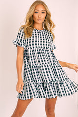 Black White Green Check Tiered Smock Dress - Ossie