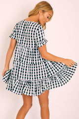 Black White Green Check Tiered Smock Dress - Ossie