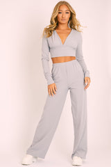 Grey Wide Leg Ribbed Plunge Neck Co-ord - Brooke