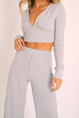 Grey Wide Leg Ribbed Plunge Neck Co-ord - Brooke