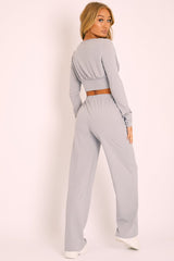 Grey Wide Leg Ribbed Plunge Neck Co-ord - Brooke