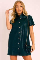 Black Faux Leather Button Up Shirt Dress - Alba