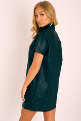 Black Faux Leather Button Up Shirt Dress - Alba