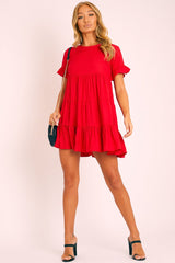 Red Smock Tiered Frill Sleeve Mini Dress - Olah