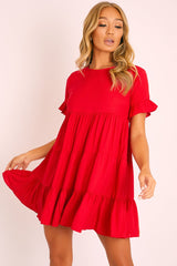 Red Smock Tiered Frill Sleeve Mini Dress - Olah
