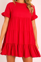 Red Smock Tiered Frill Sleeve Mini Dress - Olah