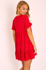 Red Smock Tiered Frill Sleeve Mini Dress - Olah
