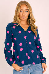 Navy Pink Polka Dot Button Up Plunge Neck Blouse - Penny