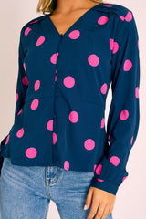 Navy Pink Polka Dot Button Up Plunge Neck Blouse - Penny
