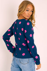 Navy Pink Polka Dot Button Up Plunge Neck Blouse - Penny