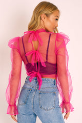 Pink Mesh High Neck Open Back Blouse - Anthea