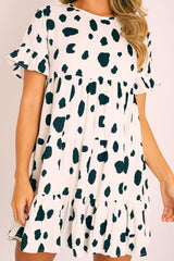 White Black Cow Print Tiered Smock Dress - Makensi