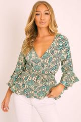 Green Snake Wrap Belted Blouse - Elease