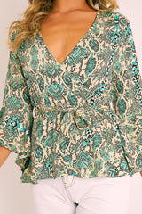 Green Snake Wrap Belted Blouse - Elease