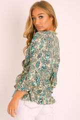 Green Snake Wrap Belted Blouse - Elease