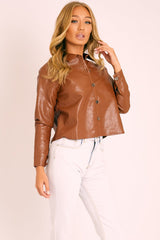 Brown Faux Leather Button Up Shirt - Bellarae