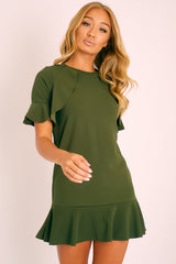 Khaki Frill Detail Peplum Dress - Birda