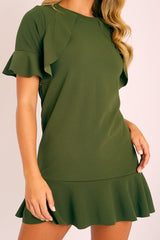 Khaki Frill Detail Peplum Dress - Birda