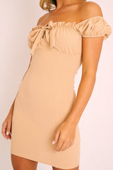 Beige Milkmaid Bow Detail Mini Dress - Akiya